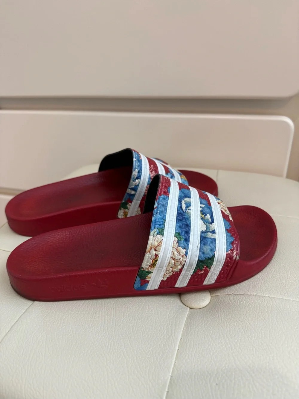 ADIDAS X THE FARM ADILETTE FLORAL STRIPED SLIDE SANDAL, RED